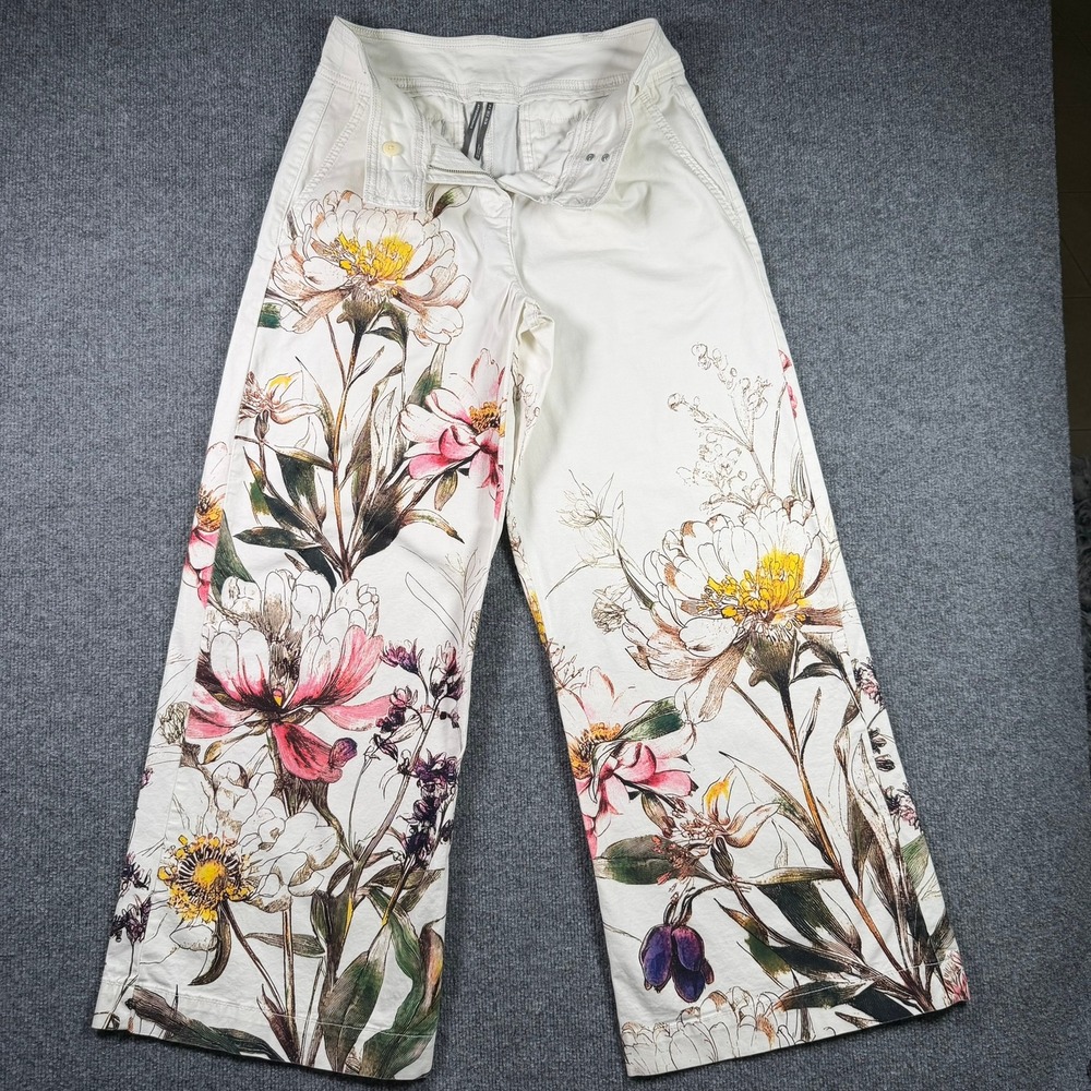 Anthropologie Floral Wide Leg Pants Womens 2 White Botanical Print Trousers